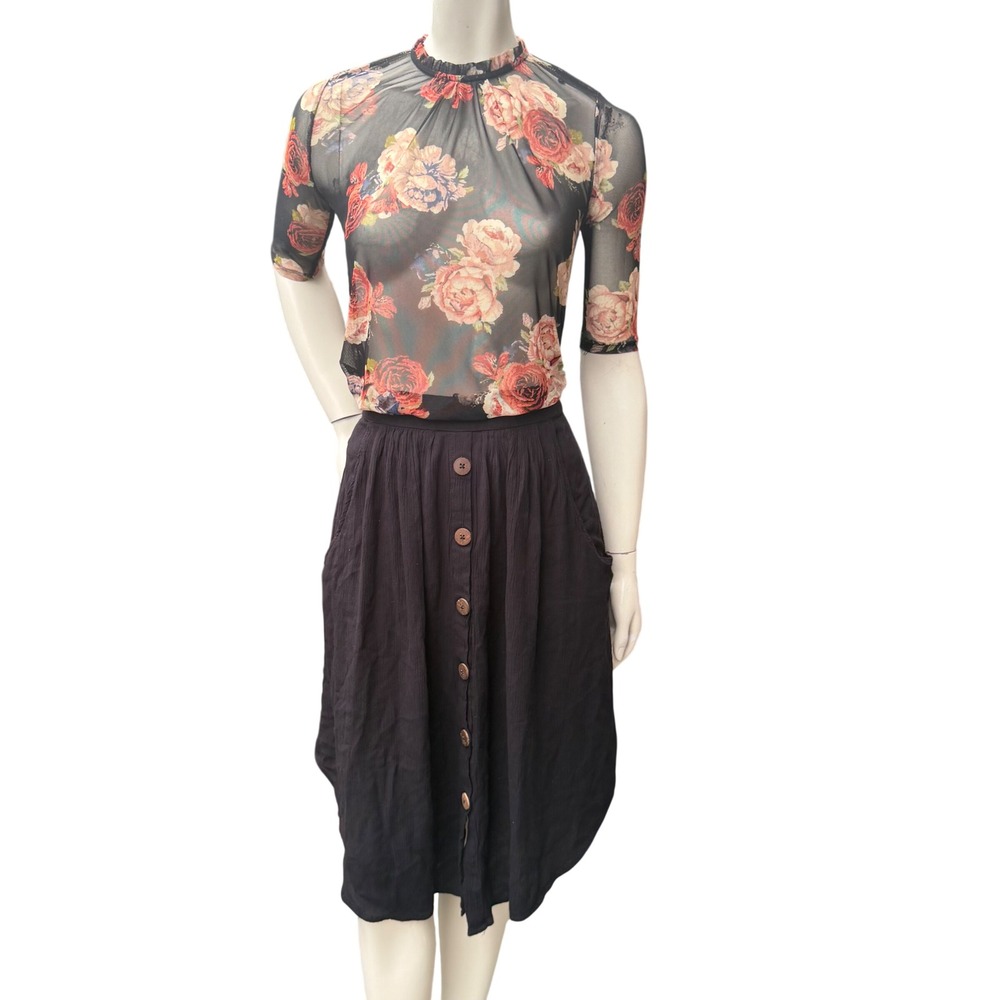 Gap Sheer Floral Mesh Top Ruffle Neck 1/2 Sleeve Romantic Goth Black Burgundy S - Picture 3 of 8